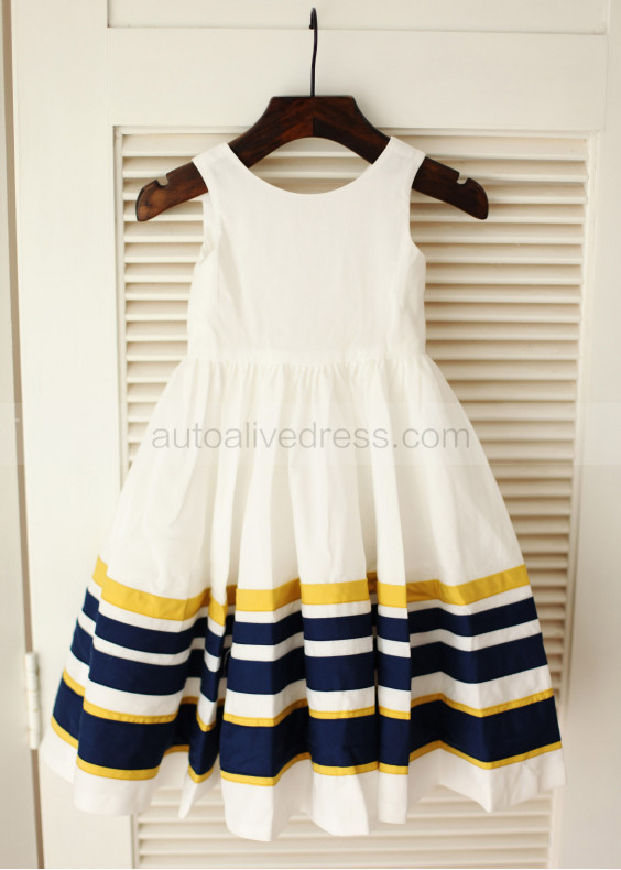 Ivory Cotton Double Colors Stripes Flower Girl Dress